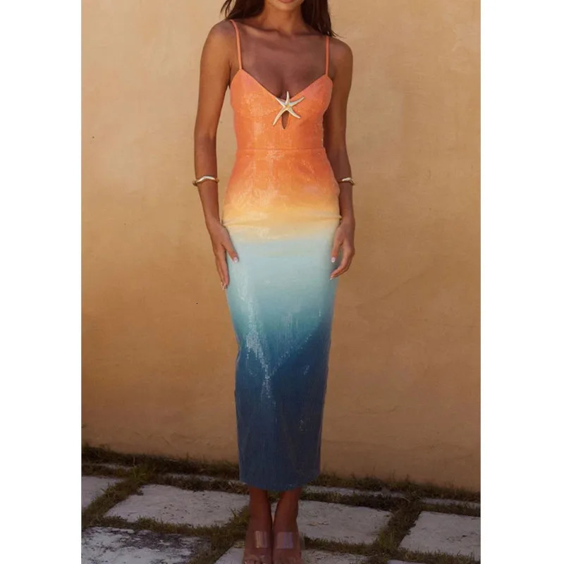 Sequins Gradient Spaghetti Strap Slim Maxi Dress Women Starfish Hollow Out Sleeveless Package Hip Sparkle Slit Party Dresses 250226