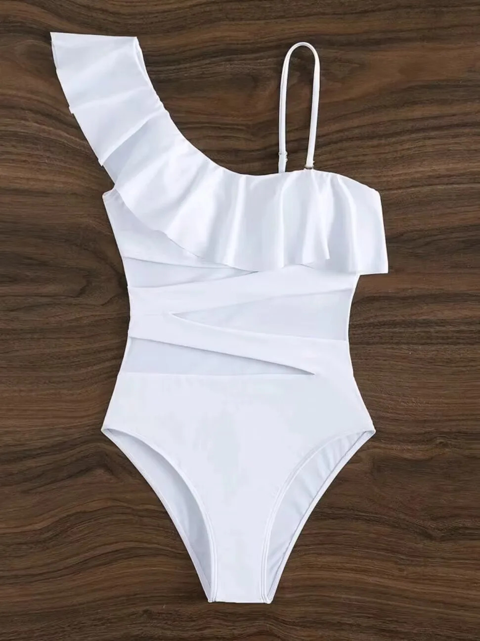 Ruffle Contrast Mesh Swimsuit Women One Piece Swimwear Bodysuit Bathers Bathing Swimming Swim Suit Sports Beachwear 250225