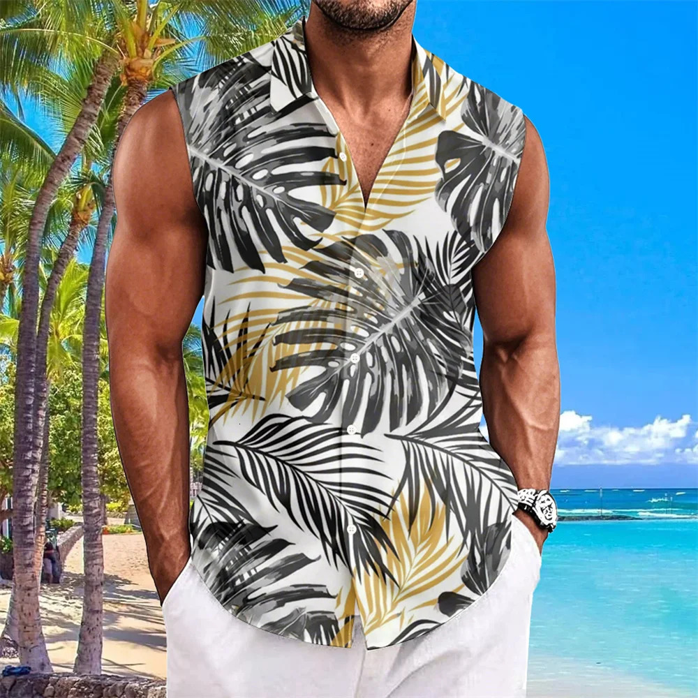 Beach Flower 3d Print Shirts For Men Casual Sleeveless Lapel Top Fashion Oversized Hawaiian Shirts Men Vacation Style Vest Shirt 250226