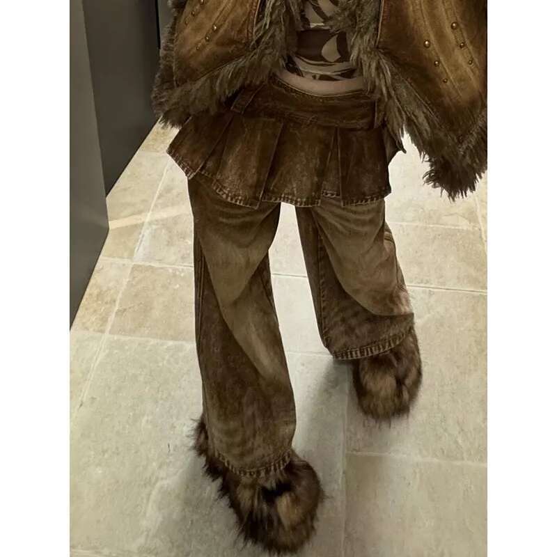 Women's Brown Splicing Cargo Baggy Y2k Japanese Haruku High Street 2000S Style Streetwear Aesthetic 90S Retro Jeans 2025