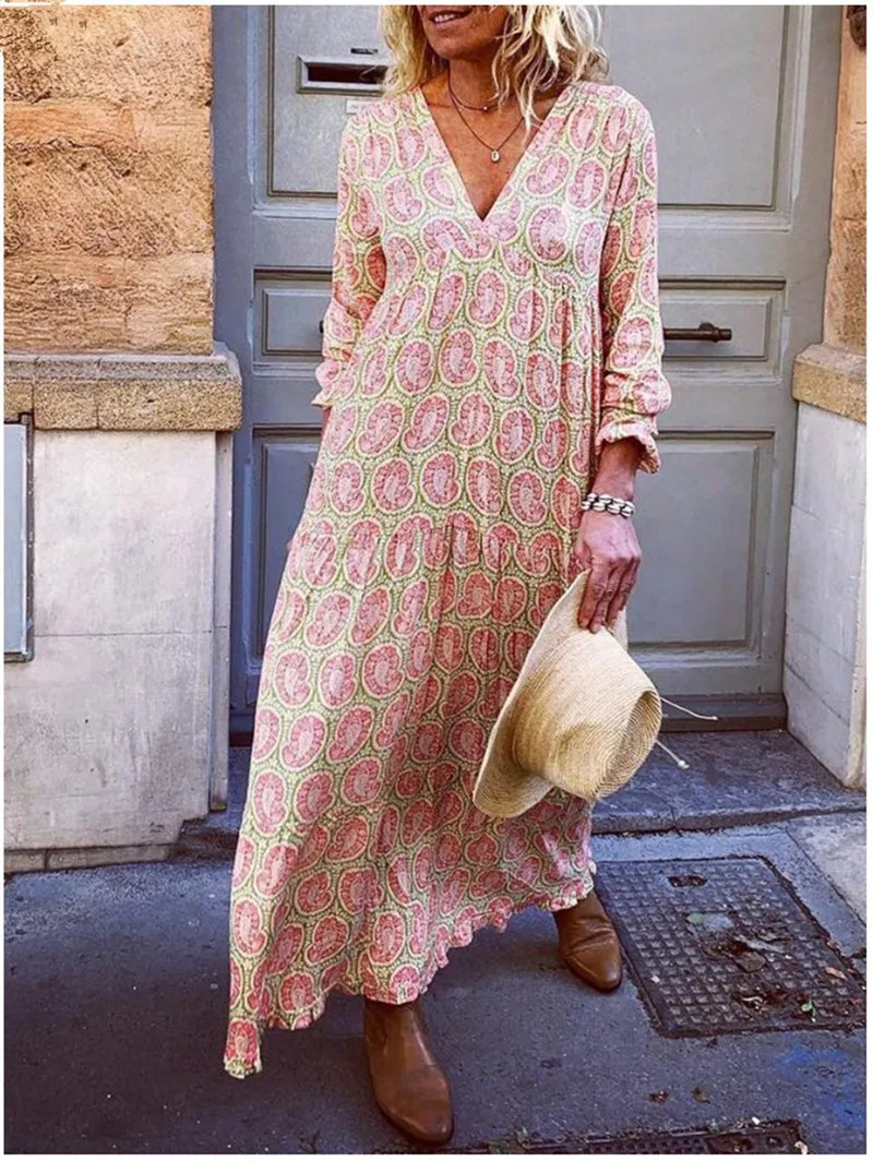 Casual Bohemian Style Beach Dresses For Women Fashion Printed Sexy V-neck Long Sleeve Loose Maxi Dress Vestidos Streetwear 250225