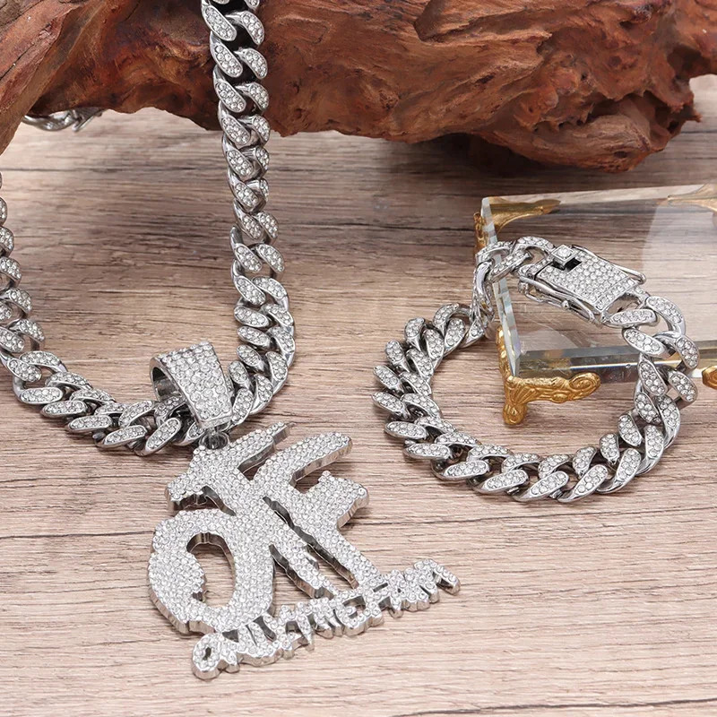 Men Women Hip Hop Iced Out OTF Necklaces With 12mm Cuban Chain Hiphop Letter Pendant Fashion Charm Punk Jewelry 250225
