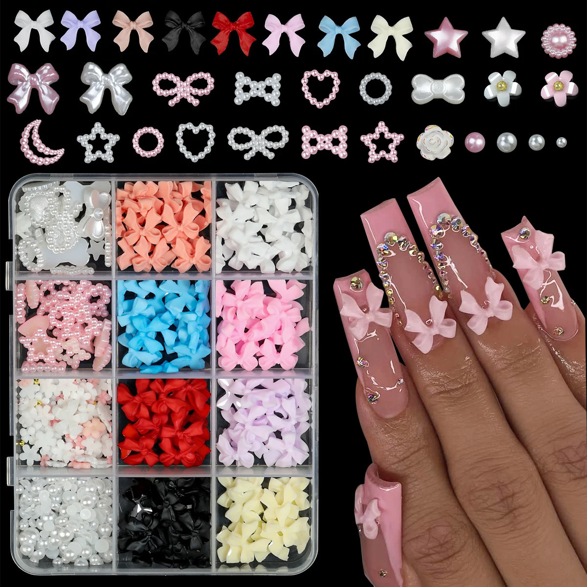 12 GridBox Mixed Resin Bow Knot Nail Art Decoration 3D Acrylic Charm Kawaii Color Water Diamond DIY Hand Tool Parts 250217