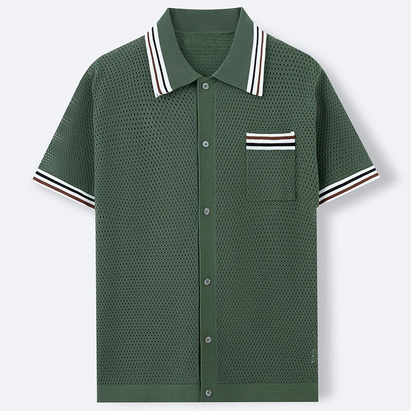 Fashion Hollow Out Mens Polo Shirt Knit Pocket Short Sleeve Cardigan Saling Leisure Rrtro Knitwear 2025 Summer 250225