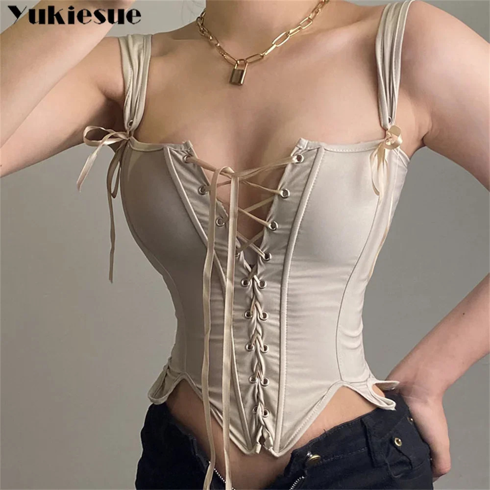 Summer Vintage Corset Bustier Y2K Crop Top Women Cut Out Sexy Lace Up Bandage Sleeveless Tank Tops Fairy Princess Vest Cosplay 250225