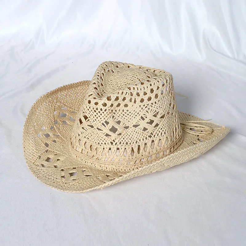 Cowboy hat fashion hollow handmade cowboy straw hat mens summer outdoor travel beach hat unisex solid color western cowboy hat 250218