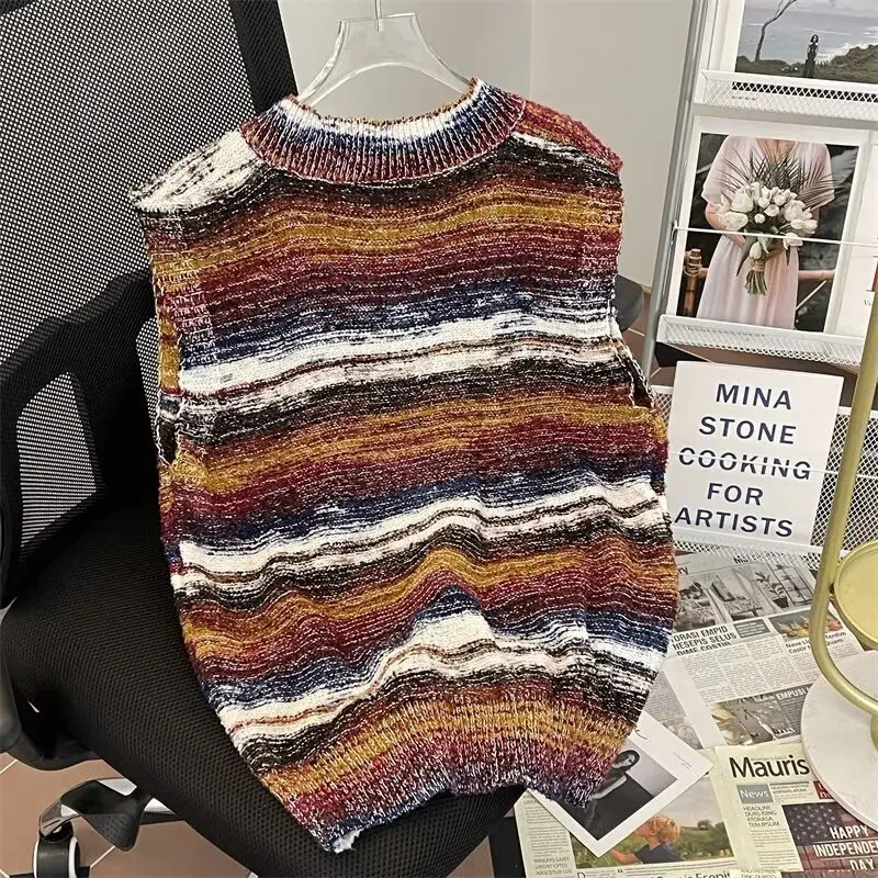 Striped Sweater Vests Men Casual Vintage Soft Handsome Sleeveless Knitwear Autumn Winter Japanese Style Harajuku Allmatch Chic 250225