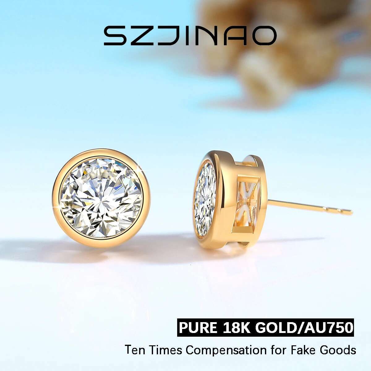 Genuine Gold Moissanite Stud 2ct Dia Earrings Classic Trendy for Women Wedding Gifts Fine Jewelry