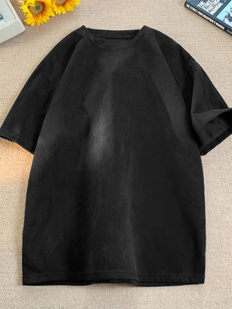 Retro Suede T-shirt Men Women Anti-wrinkle Loose Crew Neck Casual TShirts Summer Short Sleeve Fashion High Street T Shirt 250225