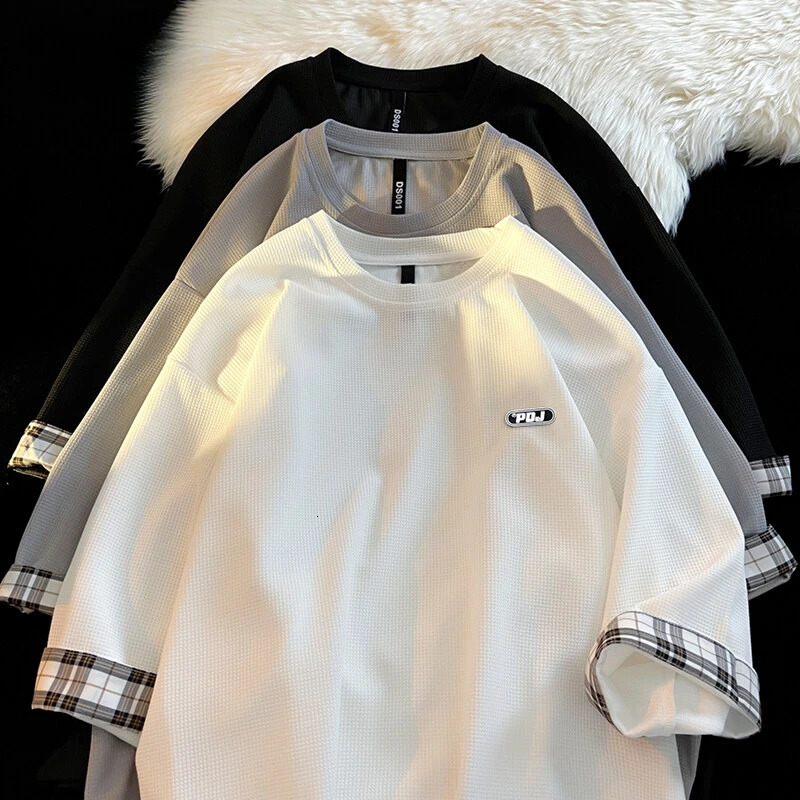 Waffle Breathable Short Sleeve T-Shirt Summer Patchwork Colour Tee Tops Mens Shirt O-neck Casual Tshirts 250224