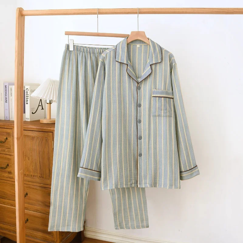 Mens pajamas two-piece set suitable for spring 100% cotton crepe fabric vertical stripes long sleeved pants family set 250225