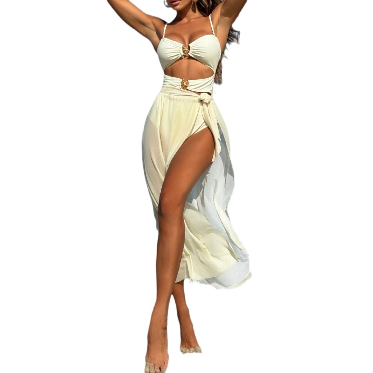 designer swimwear new solid color sexy mesh long skirt three piece set swimsuit bikini