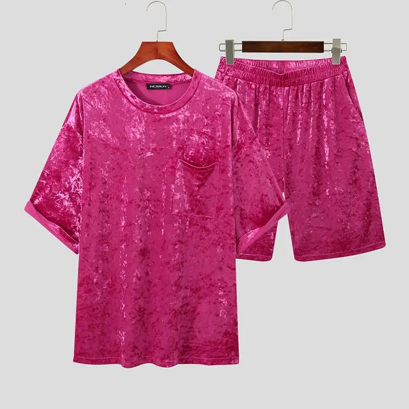 INCERUN Men Sets Velour Solid Color Streetwear Short Sleeve Pockets T Shirt Shorts 2PCS Loose Fashion Men Casual Suits 7 250225