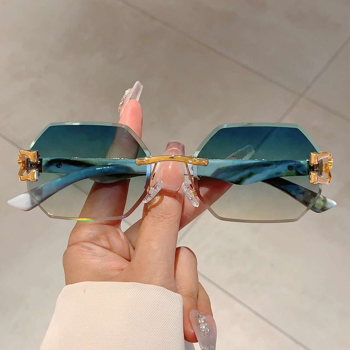 KAMMPT Vintage Rimless Polygon Shades Brand Gradient Women's Sunglasses Fashion Leopard Decor Travelg Sun Glasses