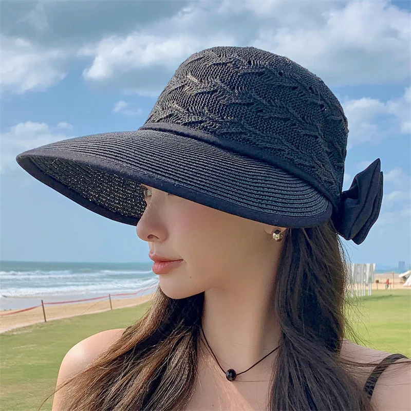 Women Ponytail Straw Sun Hat Wide Brim Visor Summer Adjustable Cap Sun Beach Foldable Hats 250218