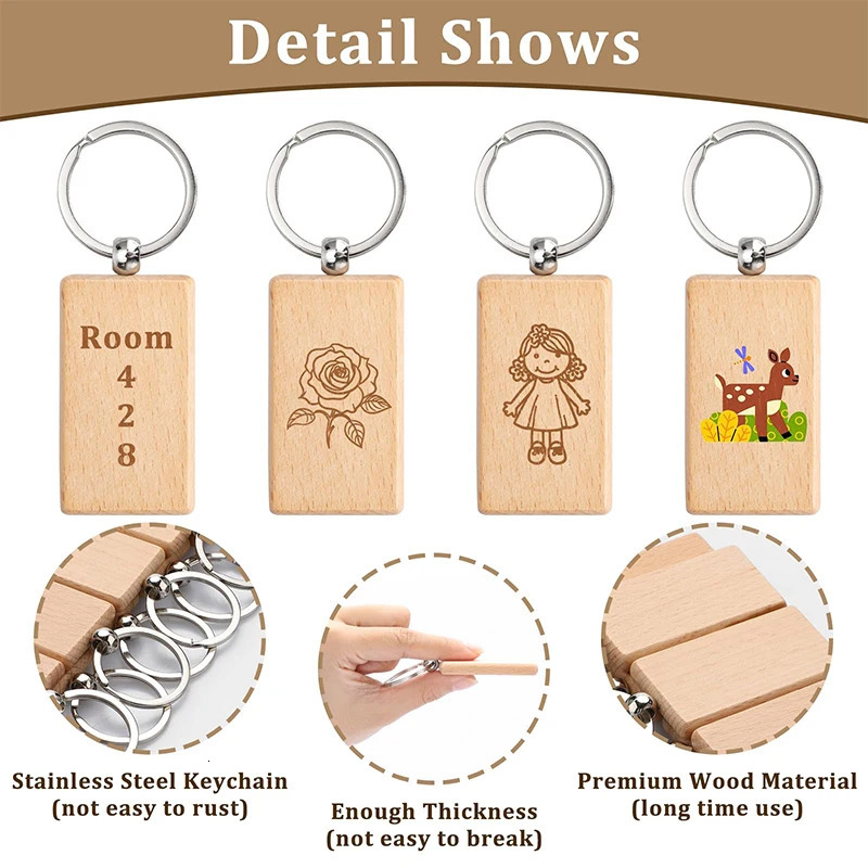 100Pcs Rectangular Wood Keyring Wooden Keychain 250221
