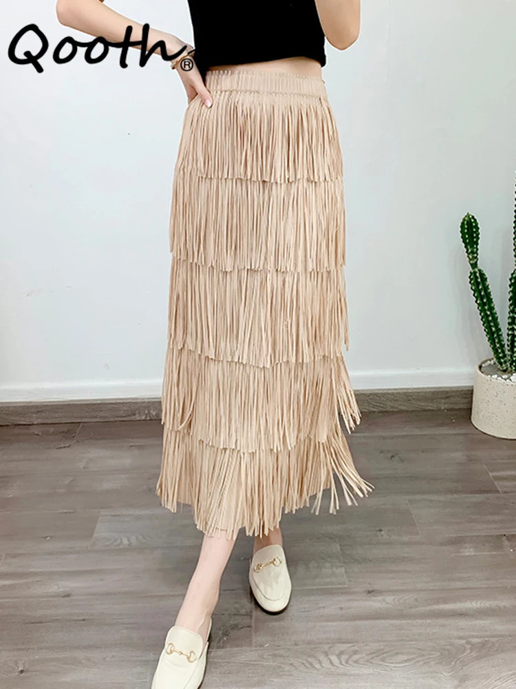 Qooth Women Casual Tassel Pleated Skirt Elegant Elastic Waist A-line Long Skirt For All Season QT2140 250225