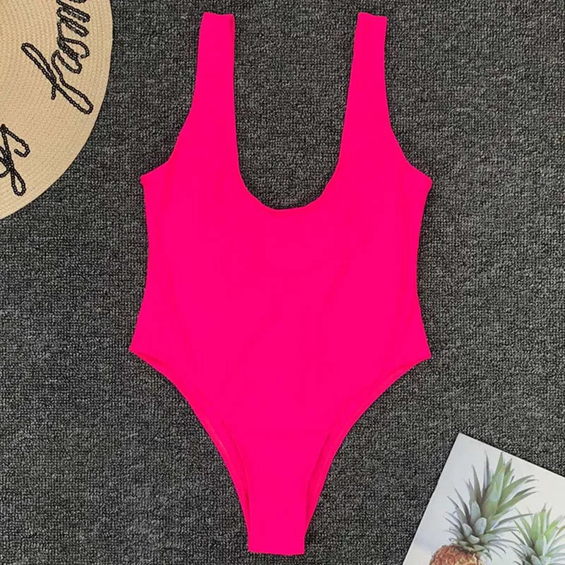 Sexy Scoop Back Swimwear Solid One Piece Swimsuit Women Red Pink White Black Bather Bathing Suit High Cut Swim Wear For Party 250225
