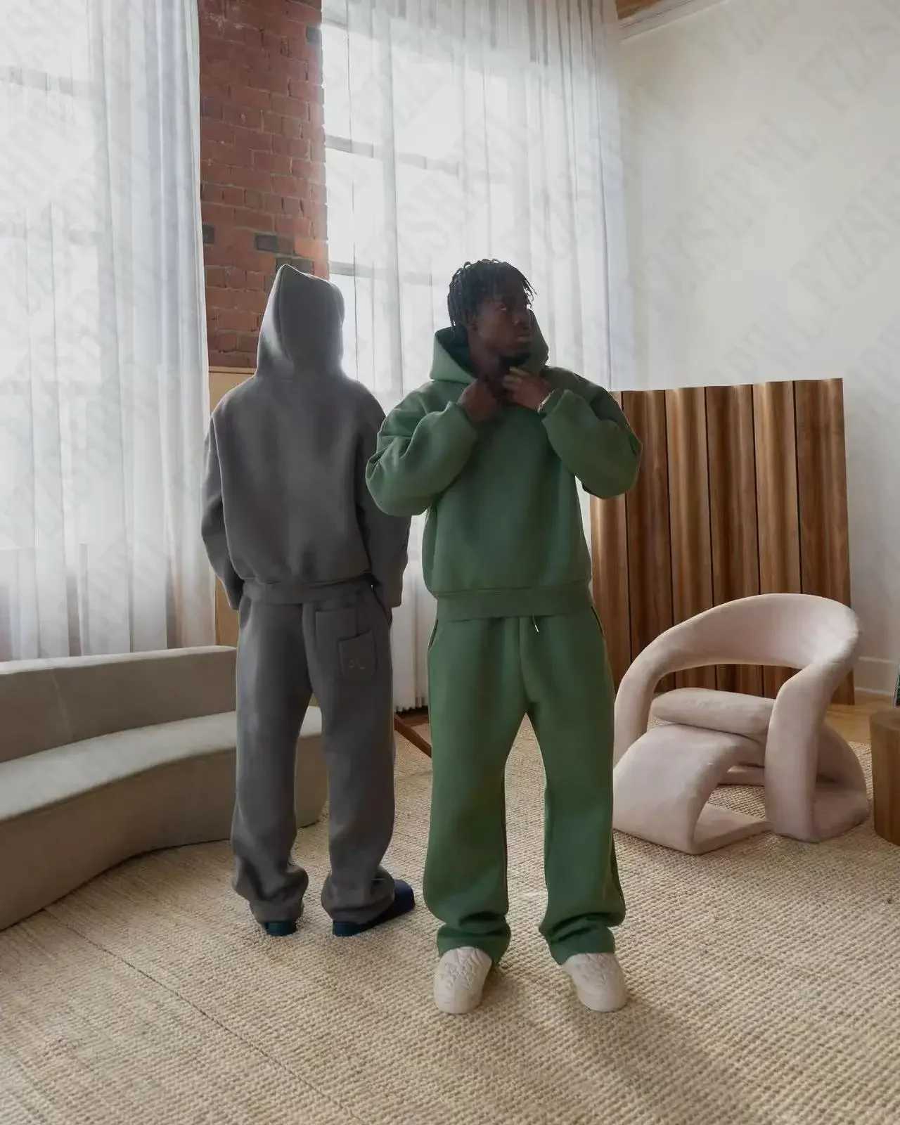 Men's Tracksuits Y2K American Fashion Solid Color Fleece Oversized Sweatshirt Mens Two Piece Harajuku Hip-Hop Gothic Joker Slacks Jogging Pants z