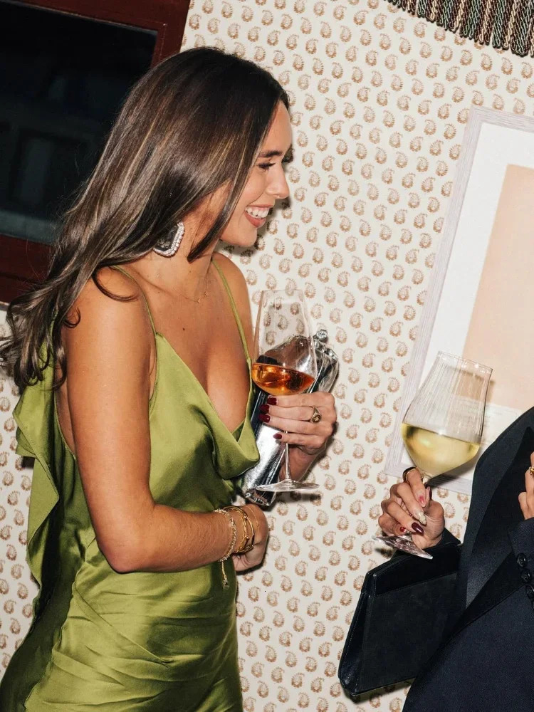 Elegant Green Satin Ruffles Sling Long Dress Women Sexy Backless Sleeveless Split Slim Dresses Lady Party Club Dresses 250225