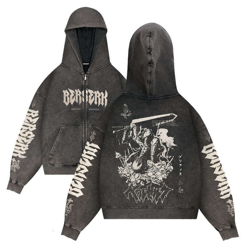 Imprinted Warrior Sword Wind Legend Berserk Anime Cartoon Washed Outdated Hoodie Jacket