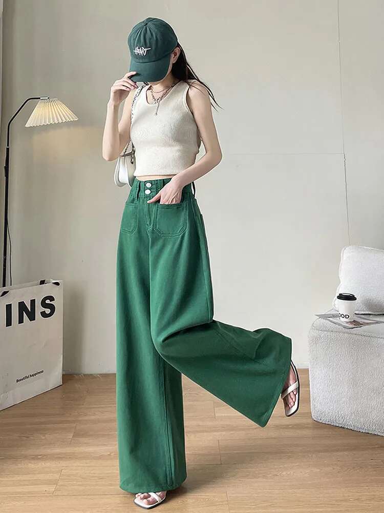 Summer Womens Jeans High Waist Green Korean Fashion Streetwear Straight Pants Baggy Casual Vintage Ladies Wide Leg Denim Trouser