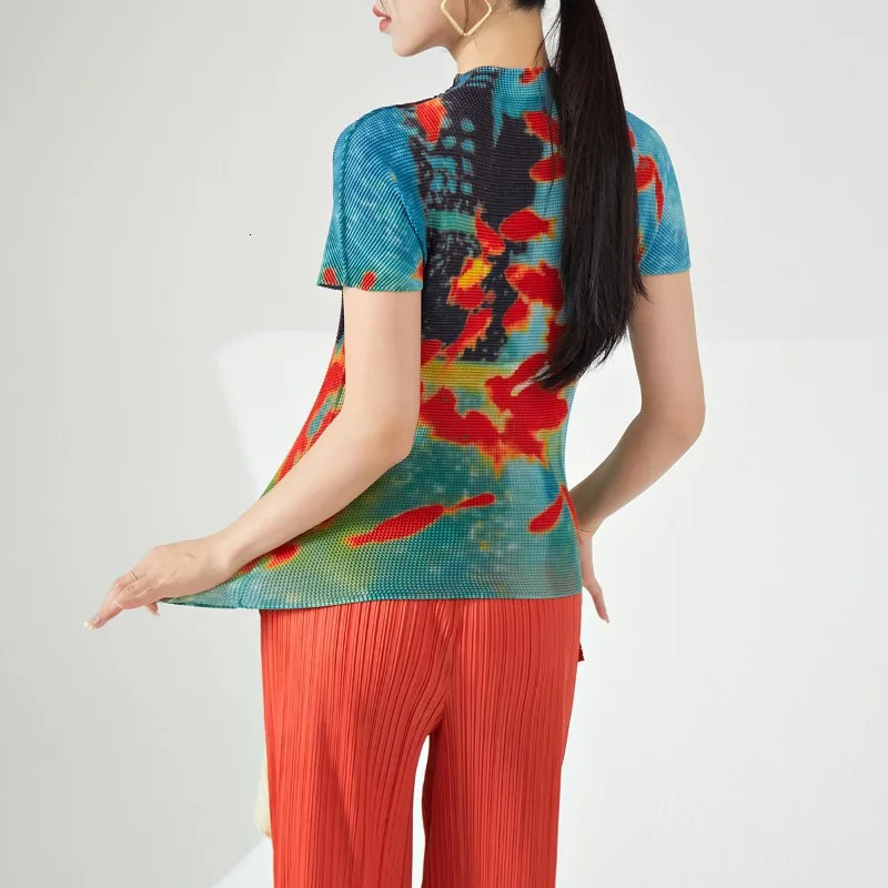 Vintage Fish Print American Folds Tees Summer Camisetas Irregular Slim Waist Tops Turtleneck Y2k Women Tshirts 250214