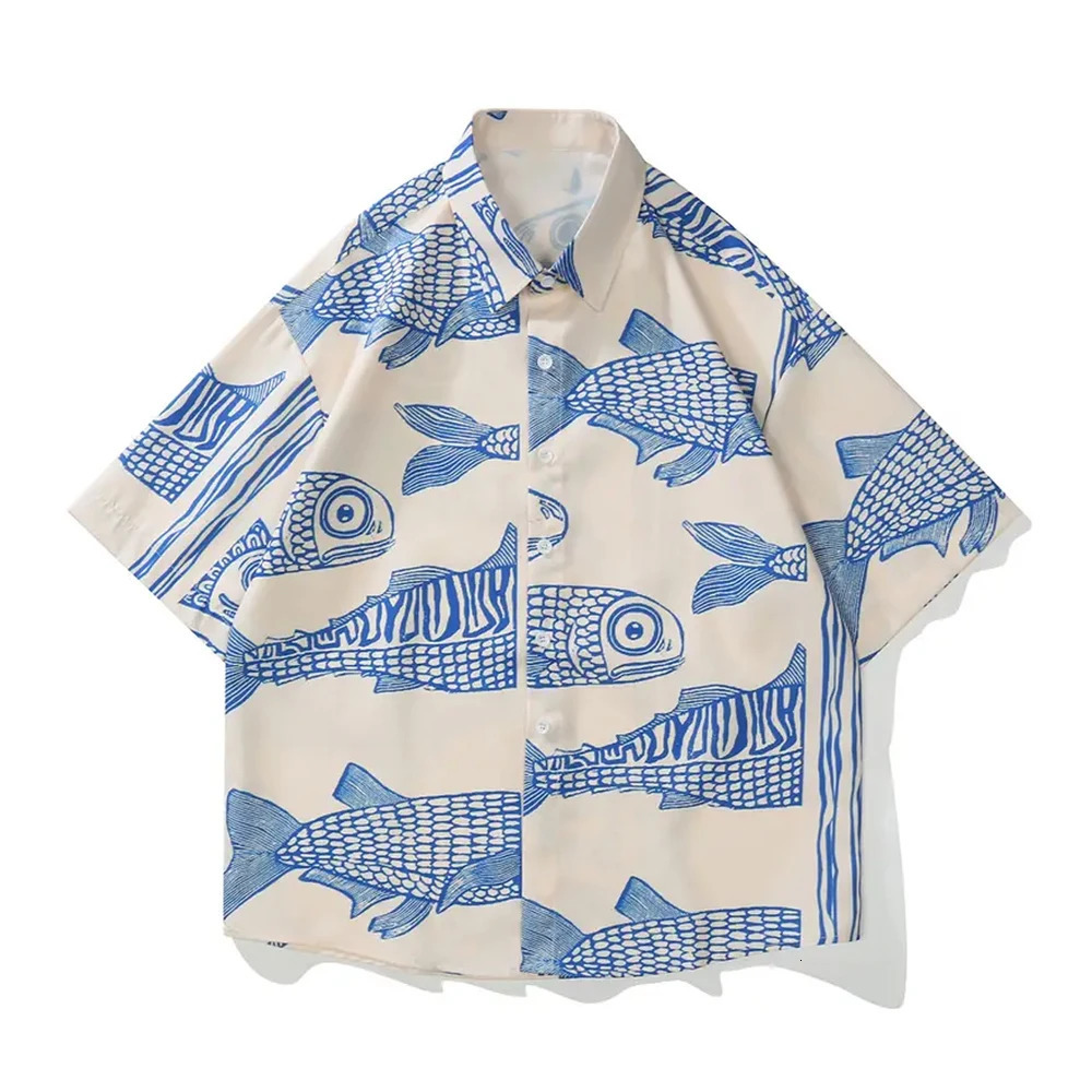 Summer Shirt Retro Fish Pattern Short-sleeved Lapel Shirt Mens Casual Vacation Button-down Shirt All-over Printed Short-sleeved 250226