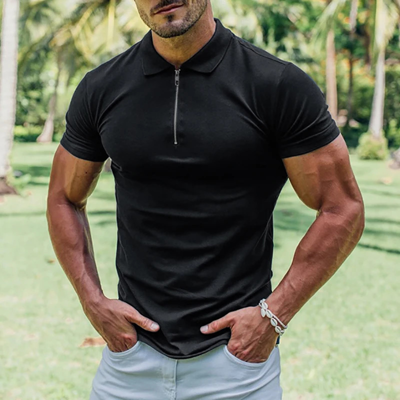 Summer Fashion Polo Shirt Mens Stretch Cotton Sports Polos Male Zipper Short Sleeve Slim Fit T Shirt Casual Gym Clothing 250225