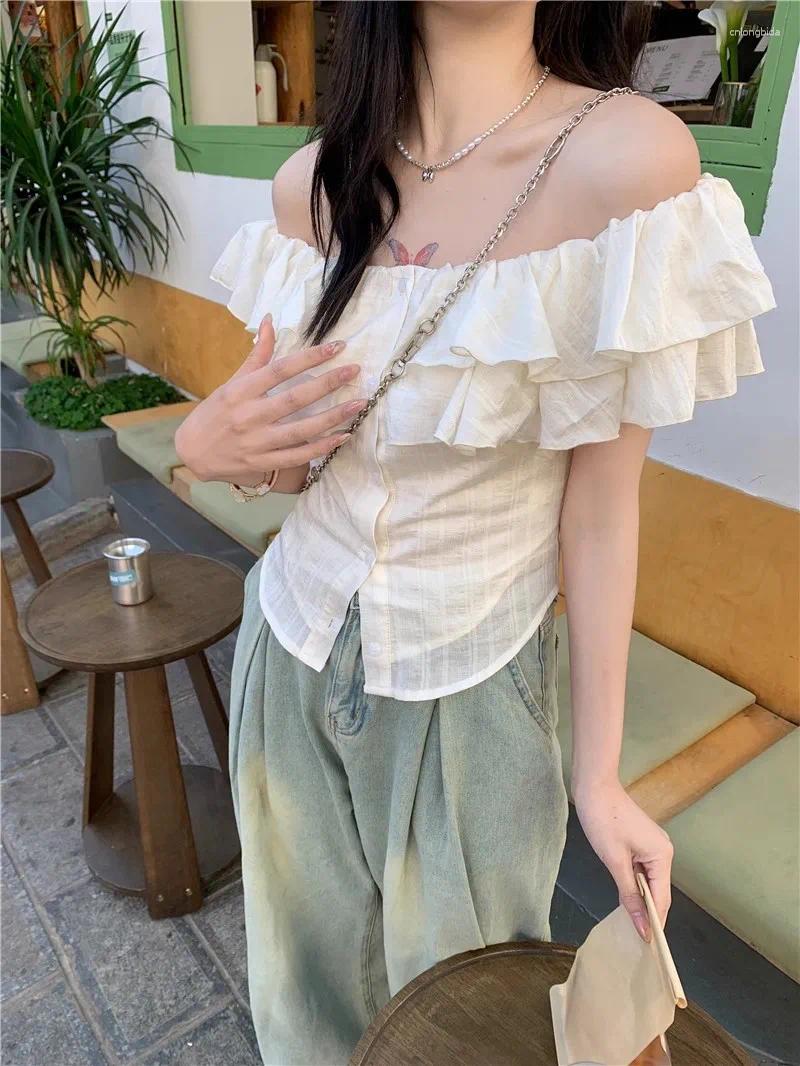 Women's Blouses Slash Neck Shirts Women Summer Slim Breathable Sweet Girl Korean Fashion Top Ruffles Students High Street Gentle Camisas