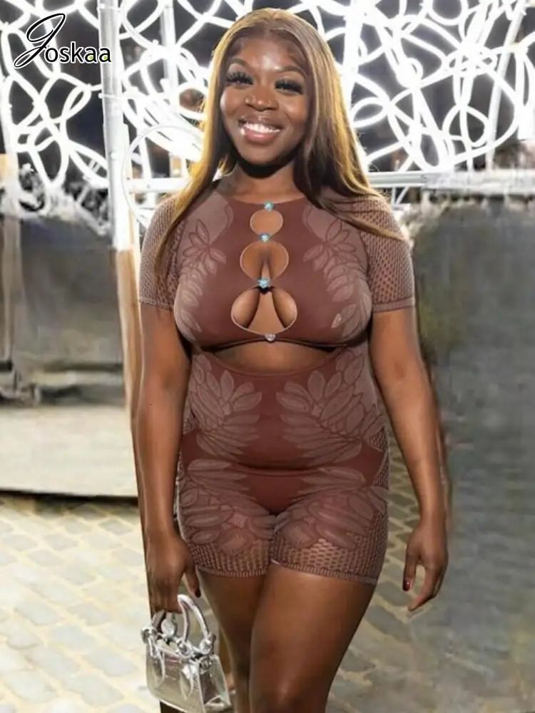 Joskaa Print Hollow Out Playsuits Women Sexy O-Neck Short Sleeve Skinny One Piece Rompers Summer Coqutte Nighclub Outfits 250225