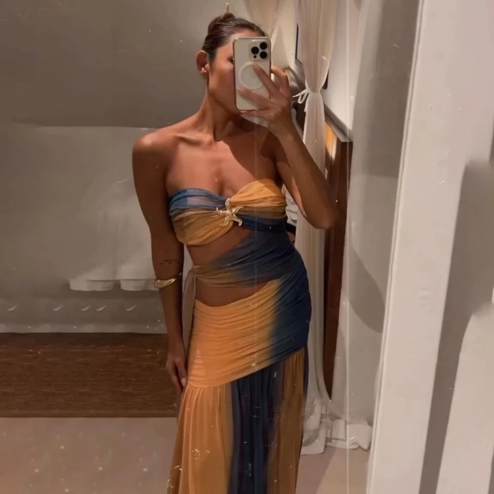 Sexy 3Pcs Bikini Hollow Out Swimsuit Women Swimwear Female Gradient Swim Suit Long Skirt Off Shoulder Biquini Bodysuit Beachwear 250225