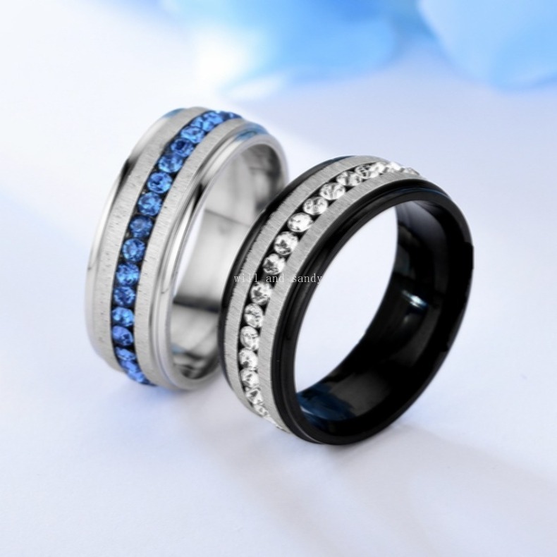 Single Row Stainless Steel Diamond Ring Band Finger White Blue Crystal Engagement Wed Rings Women Men Fashion Jewelry Will and Sandy
