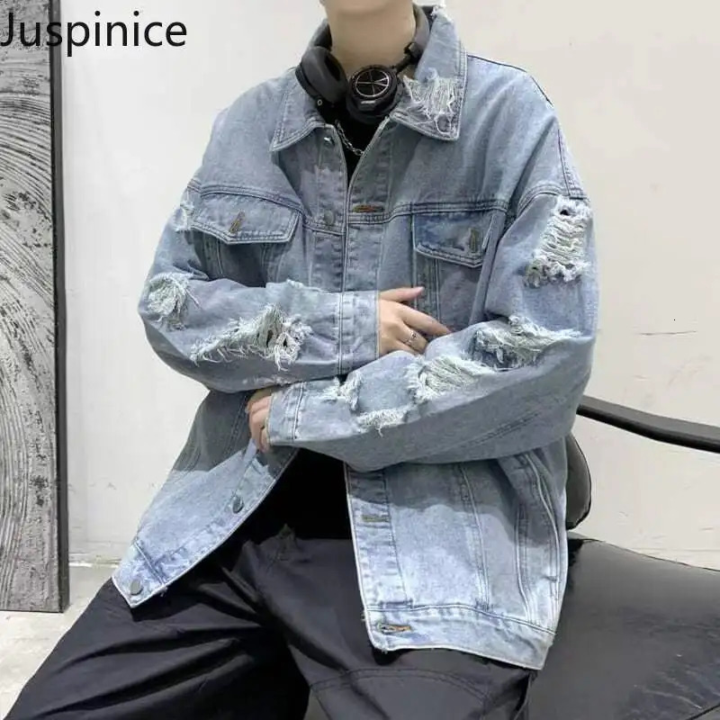 Spring Autumn Ripped Denim Jackets Mens Causal Loose Oversize Handsome High Street Overcoat Men Tops Male Clothes 250225