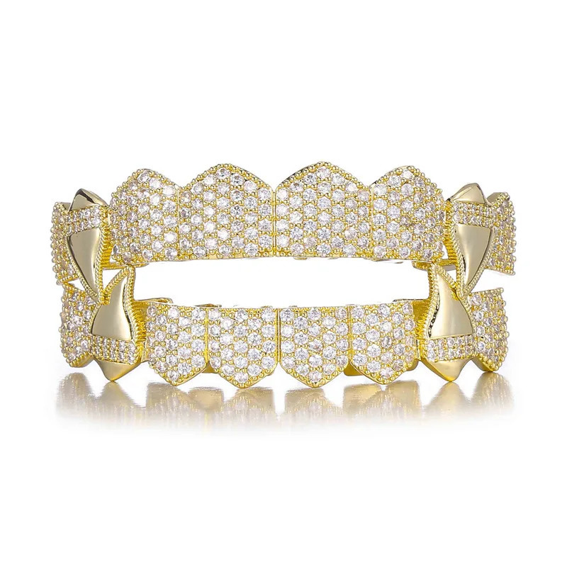 Hip Hop Full CZ Stones Rock Teeth Caps Cubic Zircon Iced Out Micro Pave Top Bottom Charm Grills For Men Women Jewelry 250220