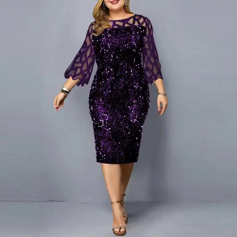 eDressU Women Sequins Lace Evening Party Dress 3/4 Sleeves Plus Size Mid-Calf Elegant Cocktail Formal Dress LYT-3187 250225