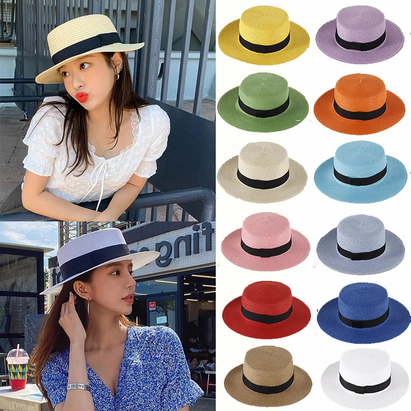 Summer Unisex Flat Top Sun Hats For Women And Men Solid Color Wide Brim Black Ribbon Beach Straw Hat Foldable Holiday Cool Caps 250218