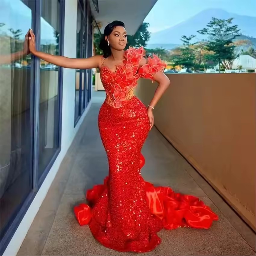 Elegant One Shoulder Mermaid Prom Dresses 2025 For Black Girls Red Lace Sequins Birthday Dress Formal Party Gowns Customized