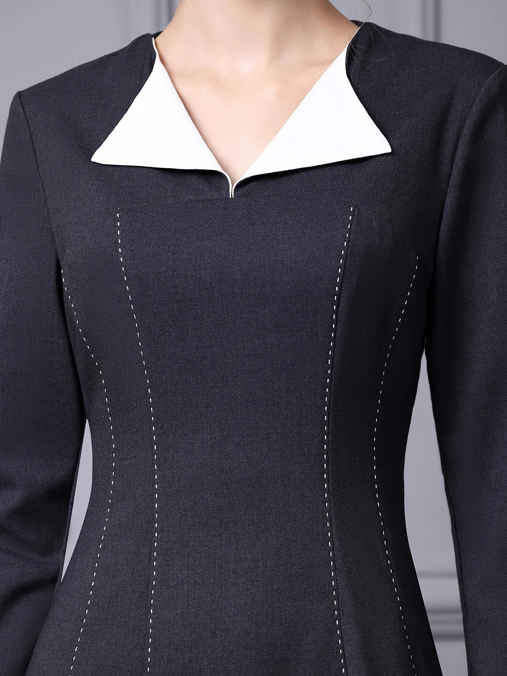 ZJYT Arrivals Spring Dresses for Women 2025 Runway Fashion Long Sleeve Brief Casual Midi Dress Aline Grey Vestidos Female 250225