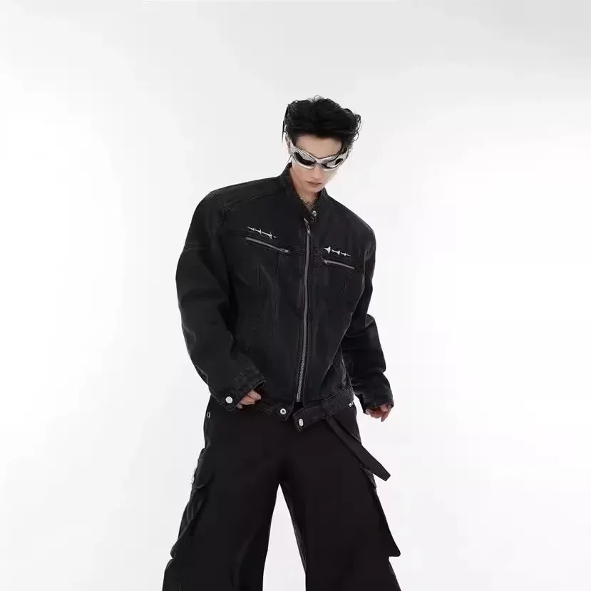 American Style Vintage Distressed Washing Mat Shoulder Cropped Denim Jacket Trendy Metal Sensibility No Collar Jacket Men 250225