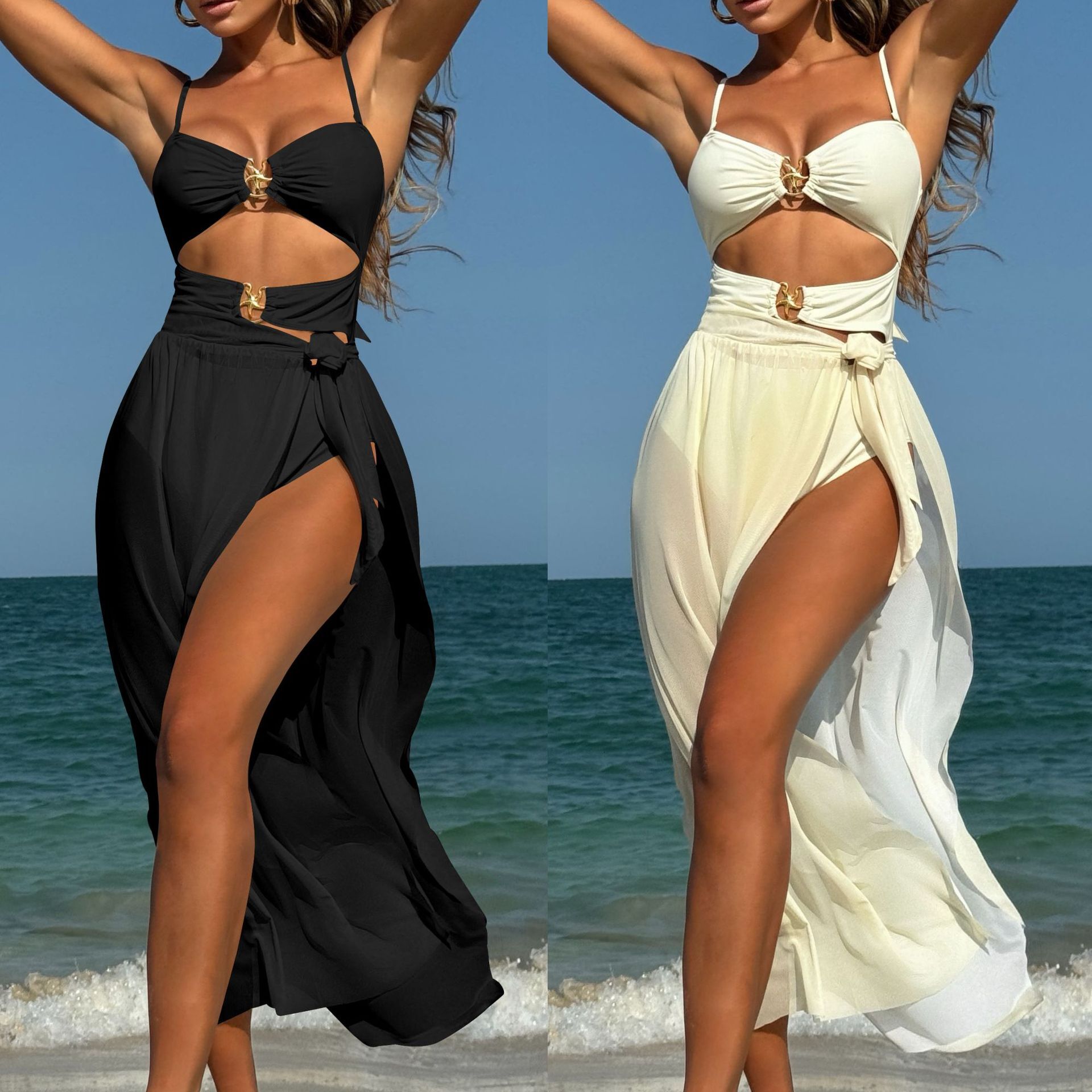 designer swimwear new solid color sexy mesh long skirt three piece set swimsuit bikini