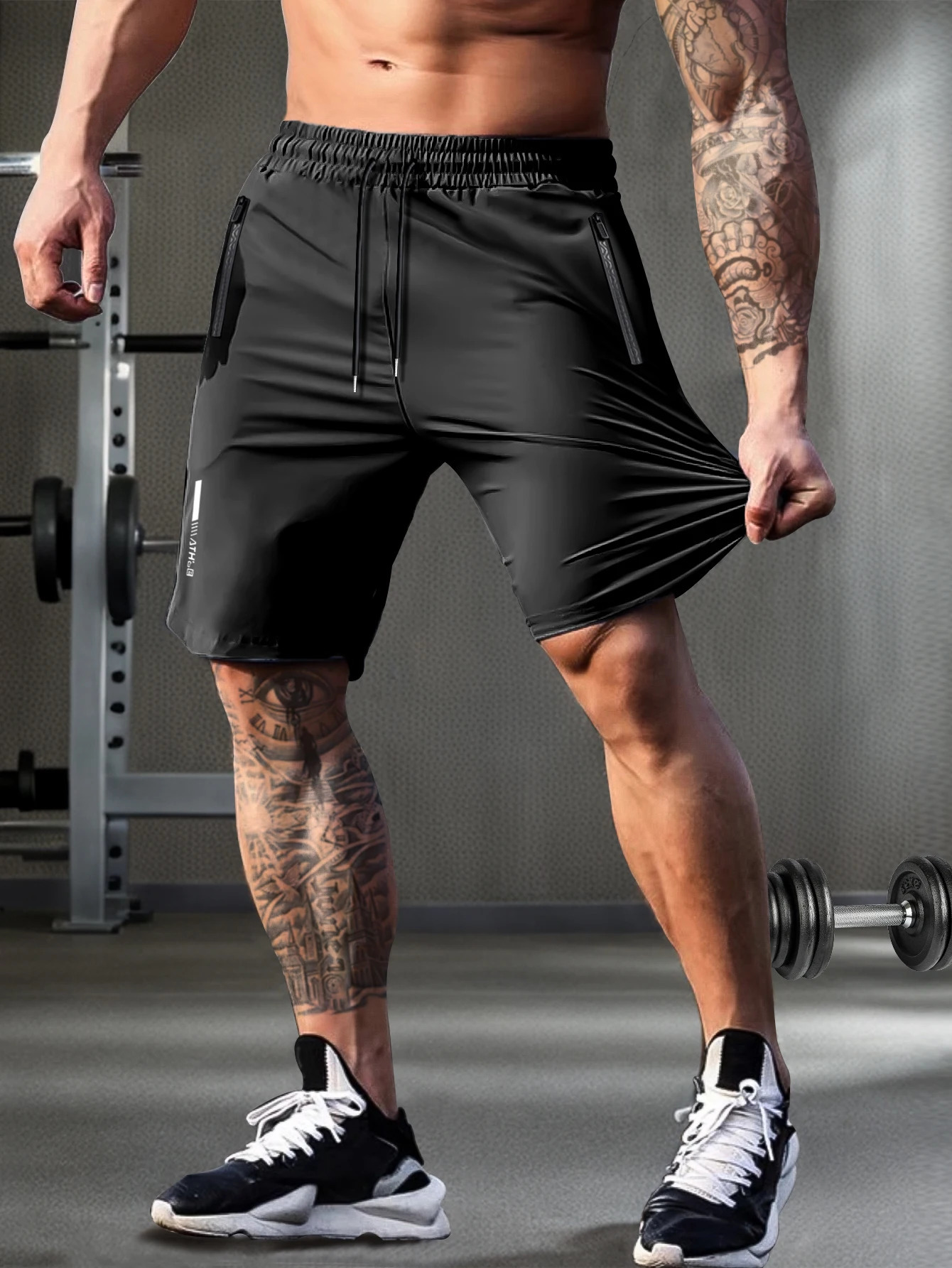 Mens solid color shorts with zipper pockets casual elastic drawstring shorts with a loose waist and high elasticity suitable 250225