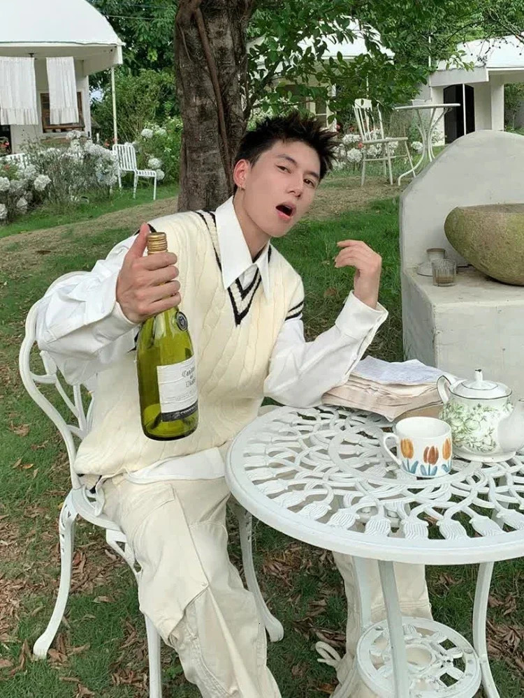 Mens vest V-neck Y2k retro white knitted sweater mens waist jacket sleeveless patch work plus size aesthetic meme fun A 250210