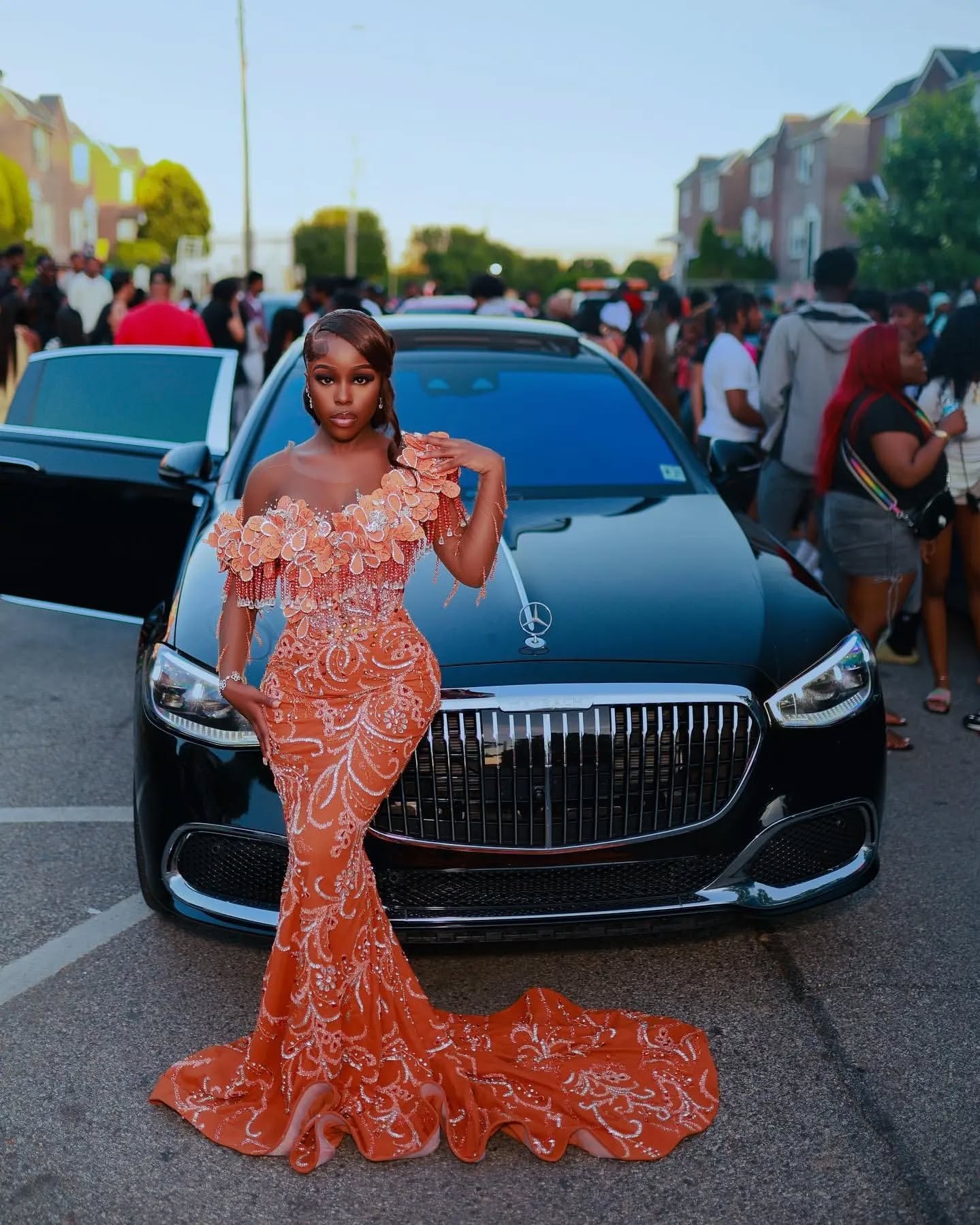 Orange Mermaid Prom Dresses 2025 Florals Crystals Lace Luxurious Evening Formal Party Second Birthday Engagement Gowns Plus Size Dress For Special Occ