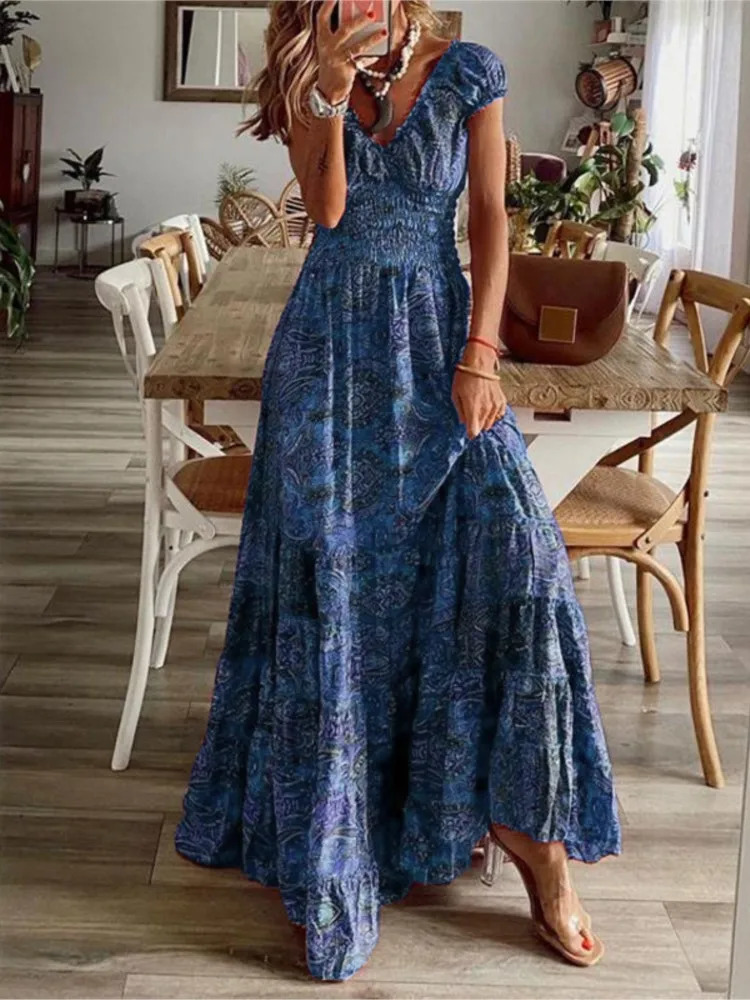 Womens Summer Ethnic Style Printed Dress Short-sleeved Waist Dress Fashionable Floral Petal Sleeves Large Hem A-line Dress 250225
