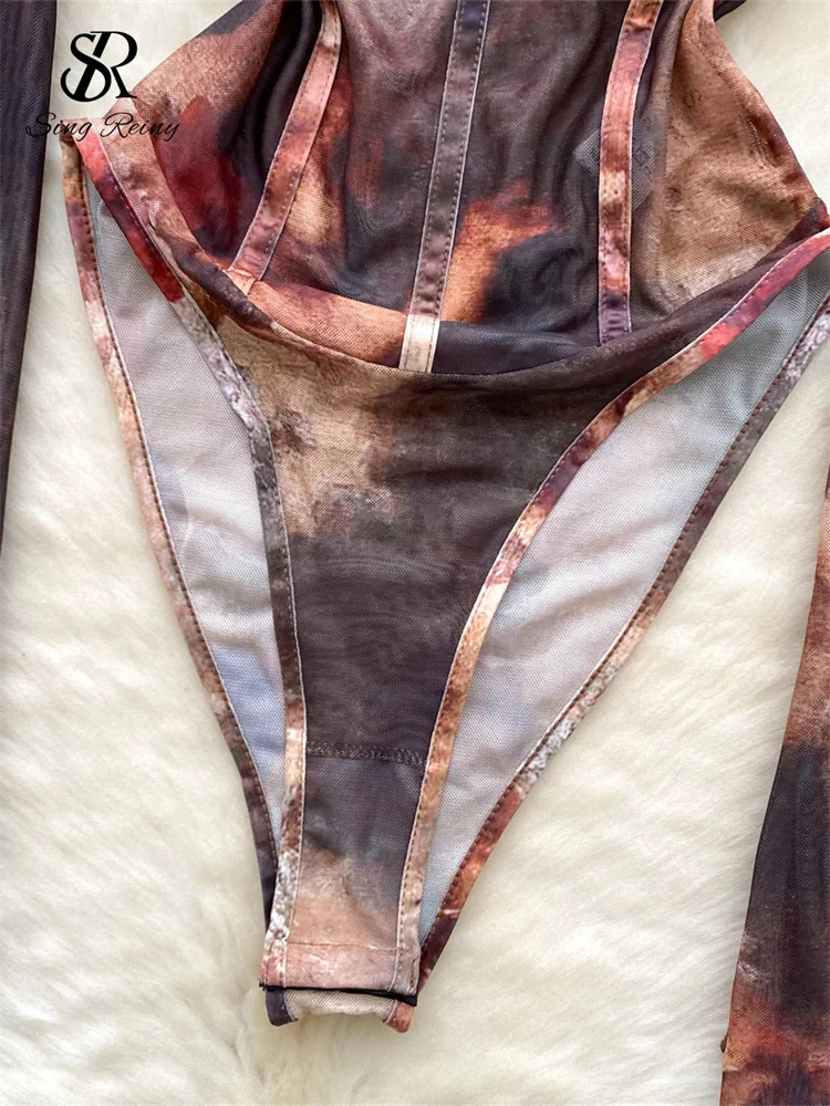 SINGREINY Mesh Print Sexy Bodysuit Square Neck Long Sleeves Open Crotch Slim Jumpsuit Women Tie Dye Retro Sheath Playsuits 250225