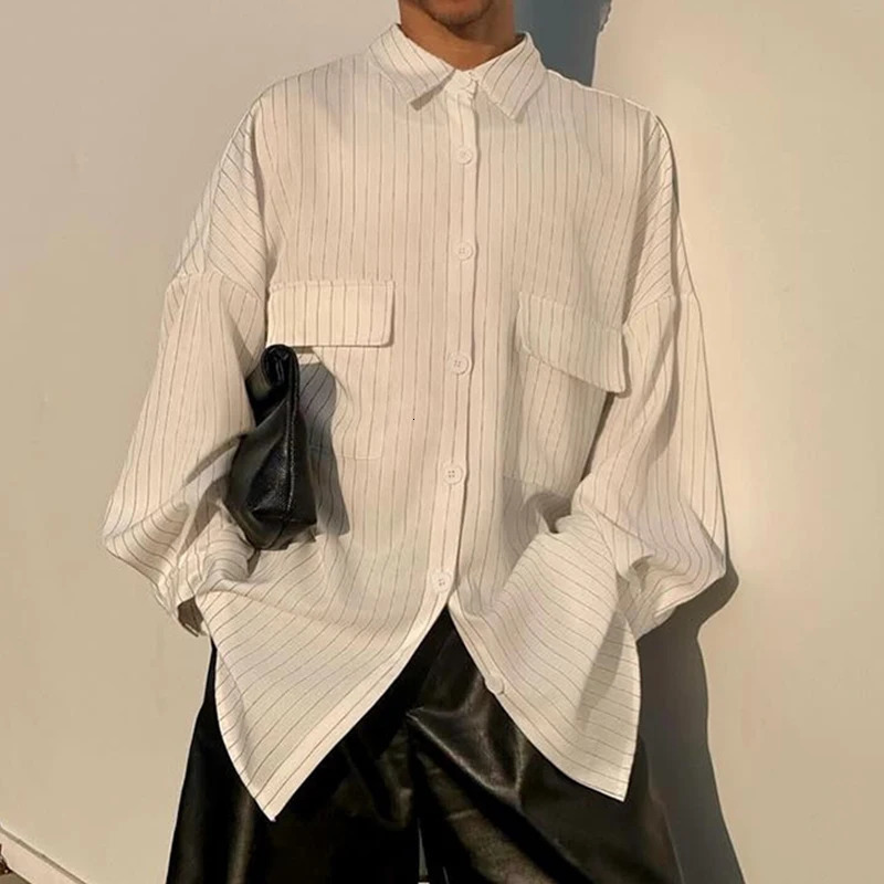 Spring Casual Shirts For Mens Vintage Turn-down Collar Buttoned Pockets Shirt Fashion Long Sleeve Mens Striped Shirts 250224