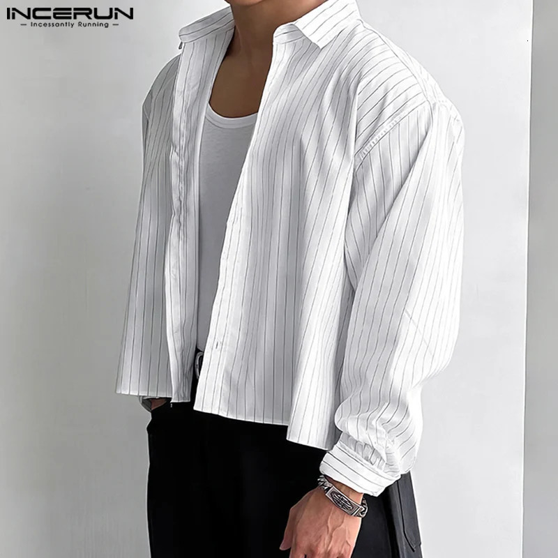 INCERUN Tops Korean Style Mens Casual Simple Striped Cropped Shirt Fashion Streetwear Male Selling Long Sleeved Blouse 250224