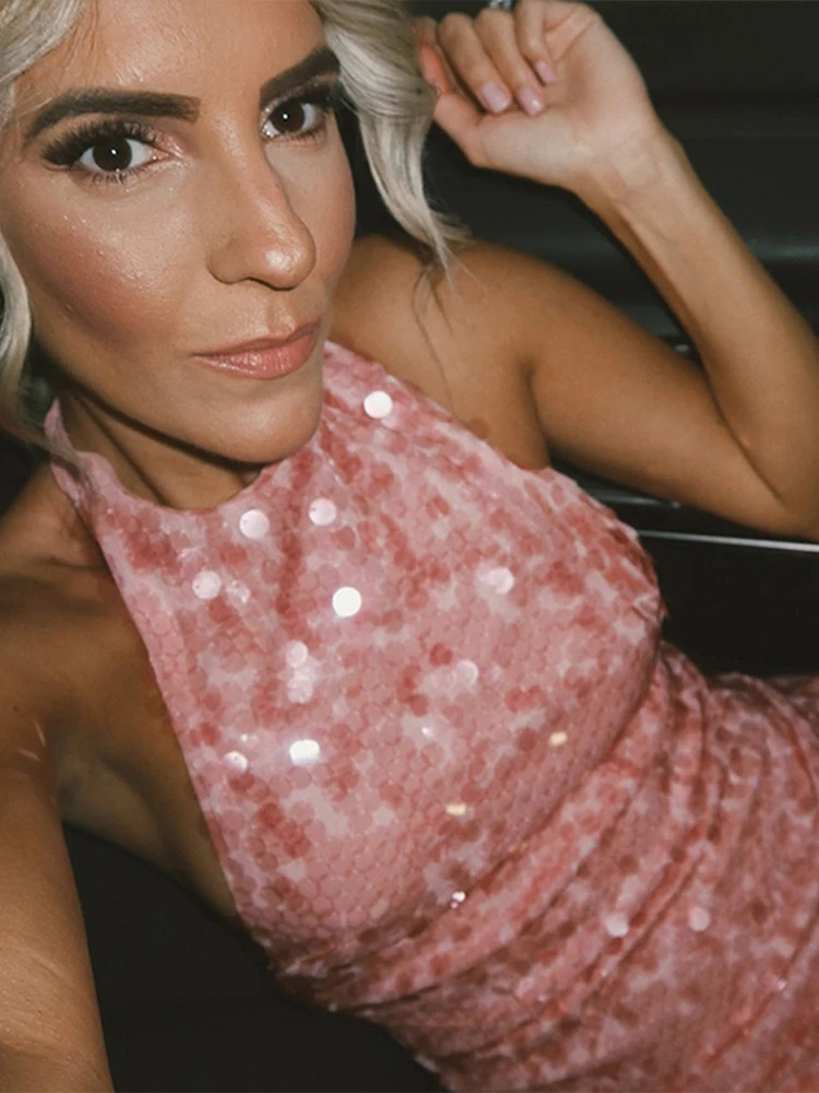 Halter Collar Bead Dress Sequin Glitter Lace Up Hanging Neck Fashion Sexy Backless Socialite Party Gown Pink Beach Short Dresses 250225