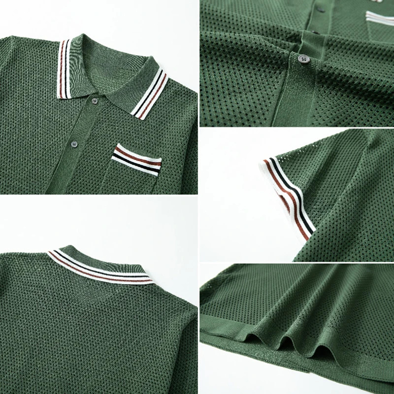 Fashion Hollow Out Mens Polo Shirt Knit Pocket Short Sleeve Cardigan Saling Leisure Rrtro Knitwear 2025 Summer 250225